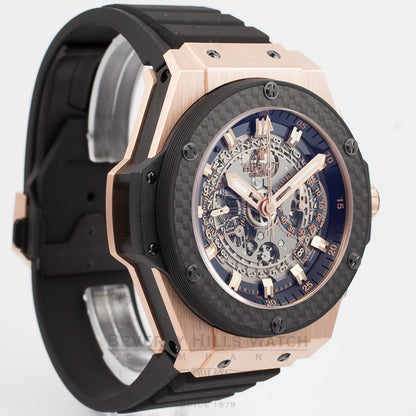 Hublot King Power UNICO King Gold Rose Gold Case Carbon Fiber Bezel Skeleton Dial Black Rubber Strap Watch 701.OQ.0180.RX Beverly Hills Watch Company Watch Store