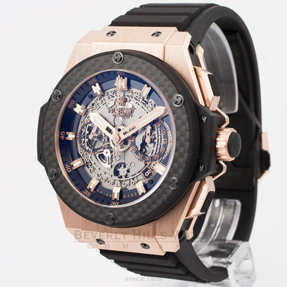 Hublot King Power UNICO King Gold Rose Gold Case Carbon Fiber Bezel Skeleton Dial Black Rubber Strap Watch 701.OQ.0180.RX Beverly Hills Watch Company Watch Store