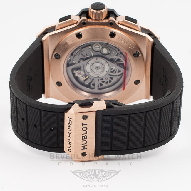 Hublot King Power UNICO King Gold Rose Gold Case Carbon Fiber Bezel Skeleton Dial Black Rubber Strap Watch 701.OQ.0180.RX Beverly Hills Watch Company Watch Store