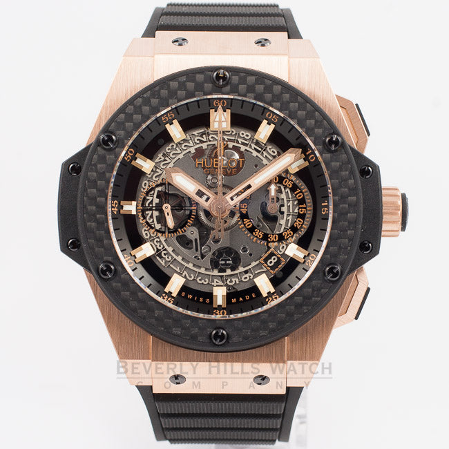Hublot King Power UNICO King Gold Rose Gold Case Carbon Fiber Bezel Skeleton Dial Black Rubber Strap Watch 701.OQ.0180.RX Beverly Hills Watch Company Watch Store