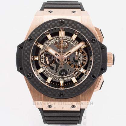 Hublot King Power UNICO King Gold Rose Gold Case Carbon Fiber Bezel Skeleton Dial Black Rubber Strap Watch 701.OQ.0180.RX Beverly Hills Watch Company Watch Store