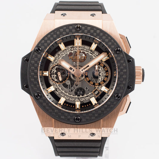 Hublot King Power UNICO King Gold Rose Gold Case Carbon Fiber Bezel Skeleton Dial Black Rubber Strap Watch 701.OQ.0180.RX Beverly Hills Watch Company Watch Store