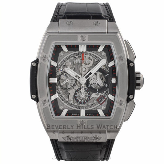 Hublot Spirit of Big Bang Chronograph 45MM Titanium Skeleton Dial Alligator Strap  601.NX.0173.LR 3KWH4U - Beverly Hills Watch Company Watch Store