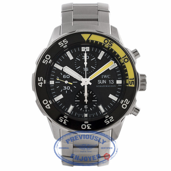 IWC Aquatimer Chronograph Stainless Steel Bracelet 44mm Case Black Dial Black/Yellow Bezel Watch IW376708 QAYE7N - Beverly Hills Watch Store