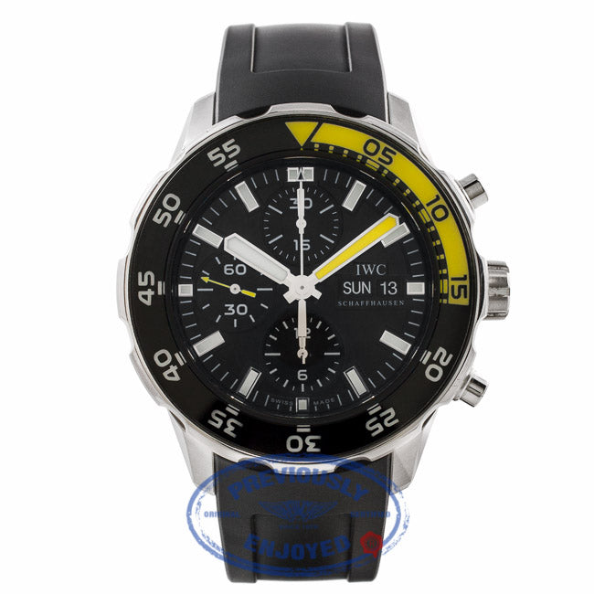 IWC Aquatimer Chronograph Stainless Steel Bracelet 44mm Case Black Dial Black/Yellow Bezel Watch IW376708 QAYE7N - Beverly Hills Watch Store