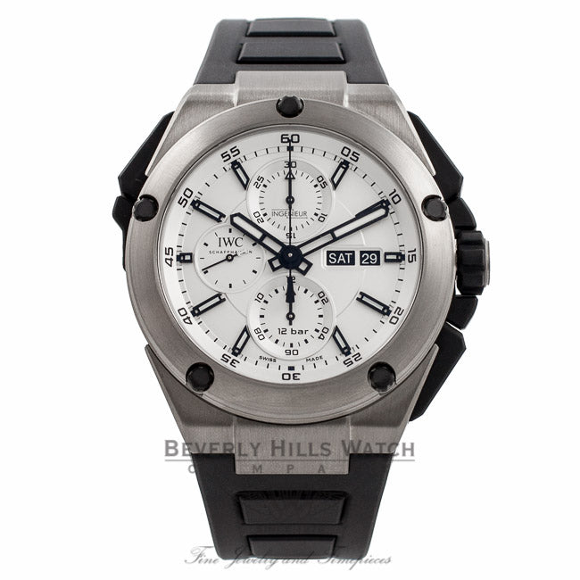 IWC Ingenieur Double Chronograph 45MM Titanium Silver Dial 44 Hour Power Reserve IW386501 4UTJTH - Beverly Hills Watch Company Watch Store