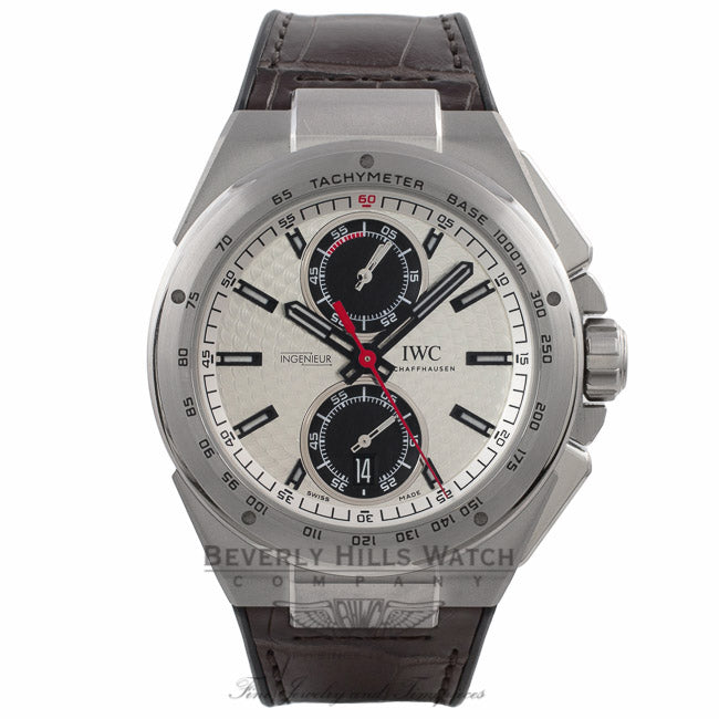 IWC Ingenieur Racer Chronograph 45MM Stainless Steel Silver Dial Black Subdials Rubber Strap IW378505 K4L7HL - Beverly Hills Watch Company Watch Store