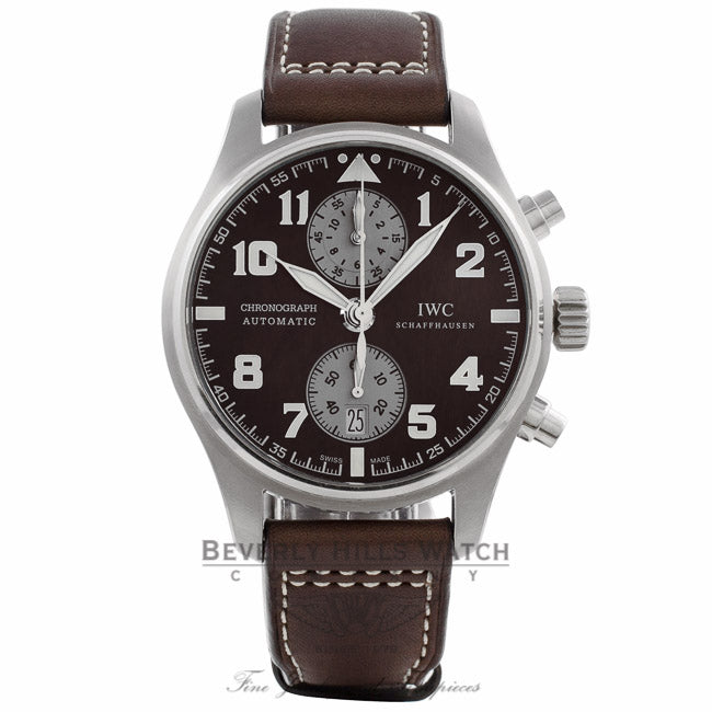 IWC Pilot Antoine De Saint Exupery Chronograph 43MM Automatic Stainless Steel Brown Dial Leather Strap IW387806 520CNW  - Beverly Hills Watch Company Watch Store