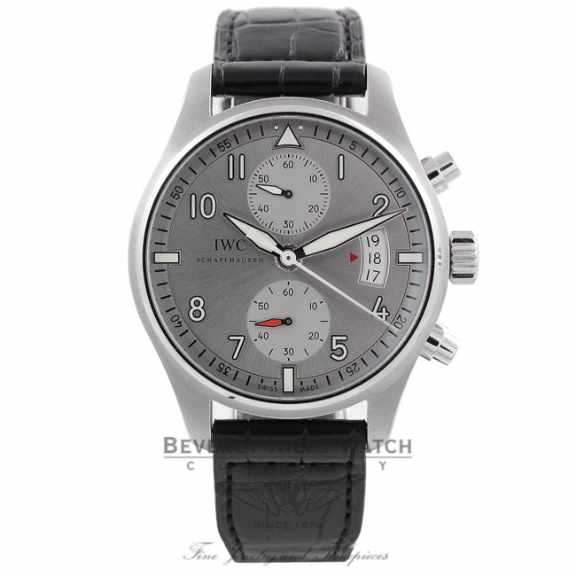 IWC Pilot Spitfire Silver Dial Chronograph Black Alligator Leather IW387809 ZF424R - Beverly Hills Watch Company