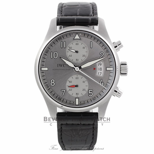 IWC Pilot Spitfire Silver Dial Chronograph Black Alligator Leather IW387809 ZF424R - Beverly Hills Watch Company