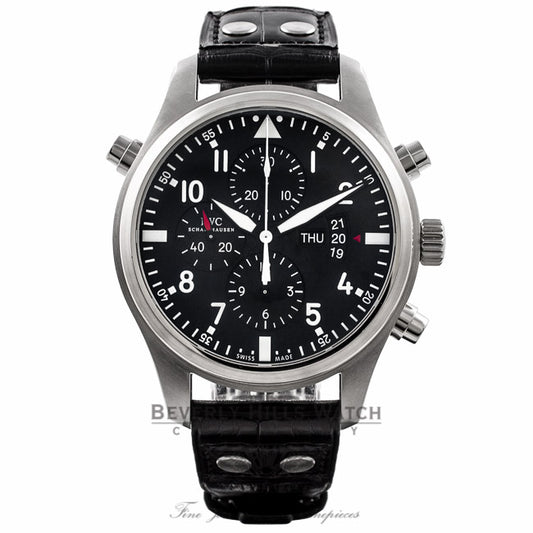 IWC Pilot Double Chronograph 46MM Automatic Stainless Steel Black Dial Alligator Strap IW377801 YD1TUE - Beverly Hills Watch Store