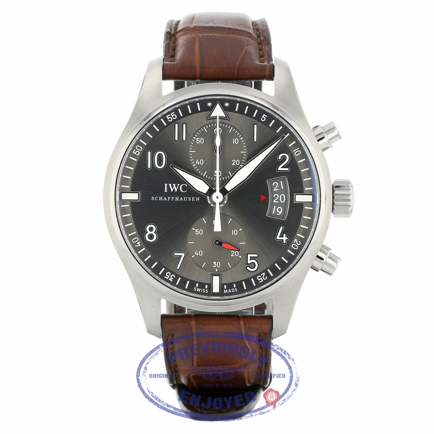 IWC Pilot Spitfire Ardoise Gray Dial Stainless Steel 43MM Brown Alligator Strap IW387802 CHVK2E - Beverly Hills Watch Company