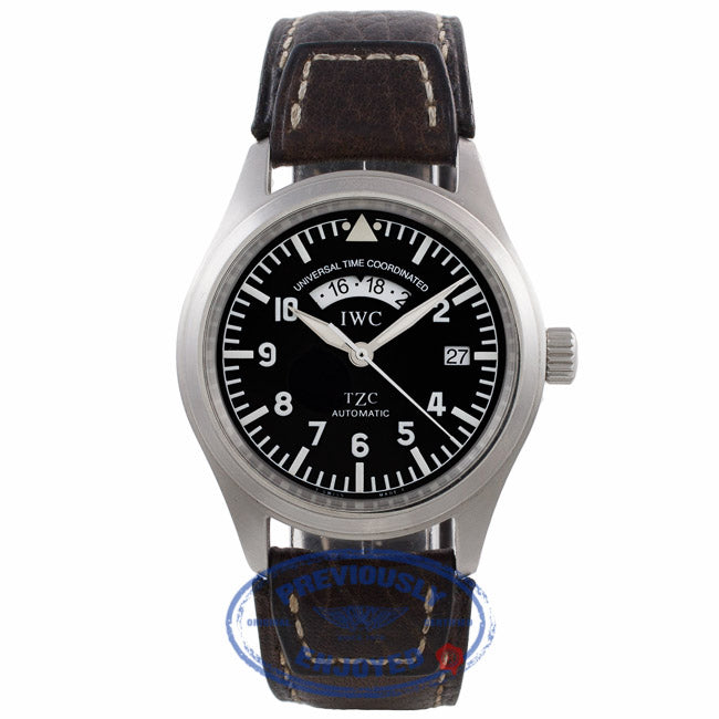 IWC Pilot UTC TZC 39MM Stainless Steel Automatic Black Dial Brown Leather Strap IW3251-01 J1MU92 - Beverly Hills Watch Company Watch Store