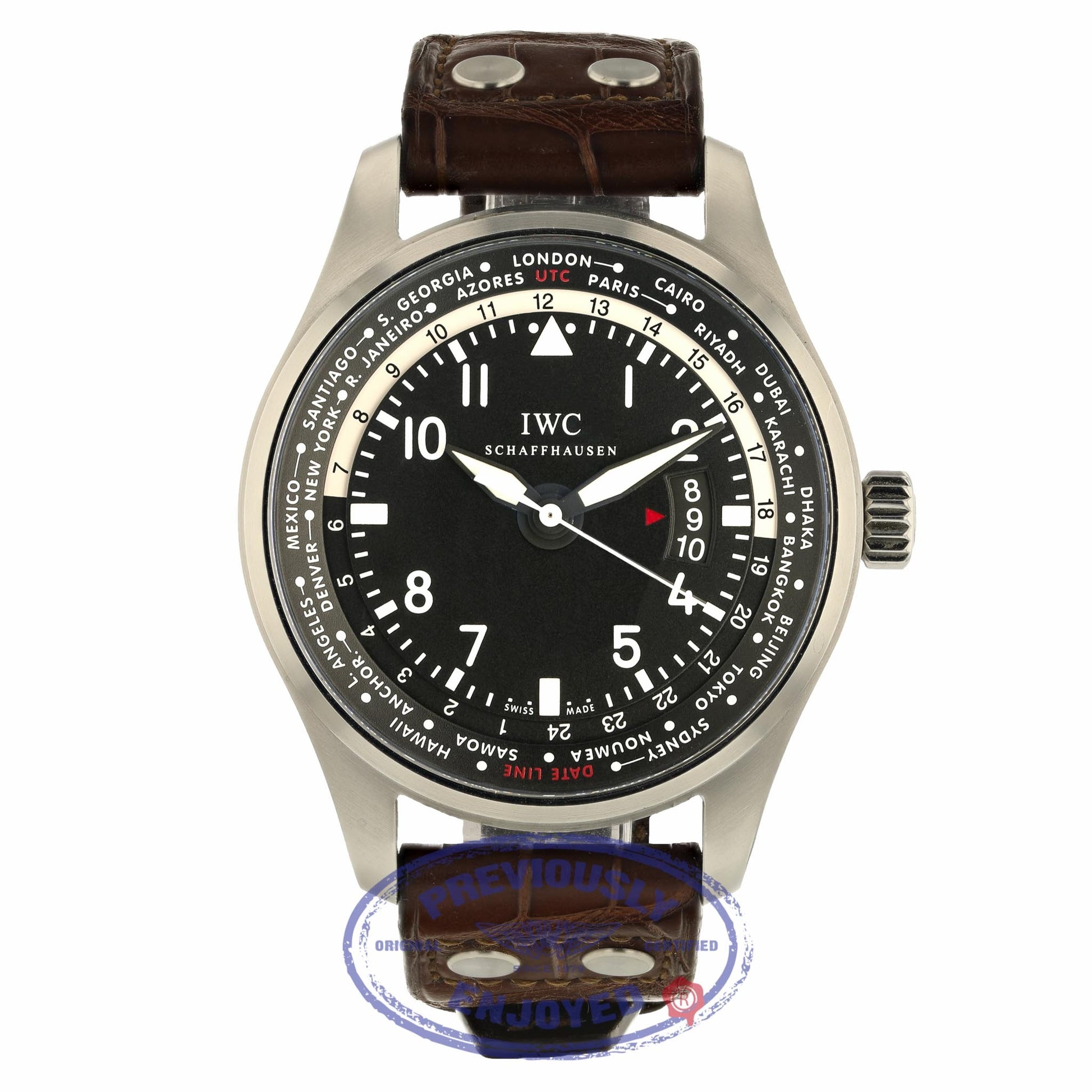 IWC Pilot Worldtimer 45MM Automatic Stainless Steel Black Dial Alligator strap IW326201 QEN62H - Beverly Hills Watch Store