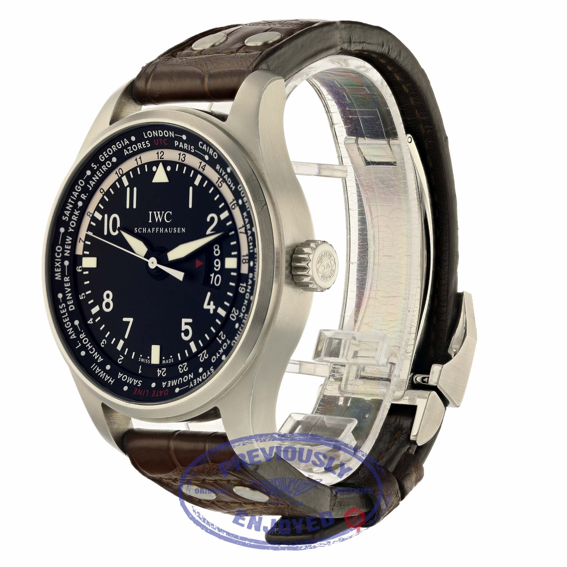 IWC Pilot Worldtimer 45MM Automatic Stainless Steel Black Dial Alligator strap IW326201 QEN62H - Beverly Hills Watch Store
