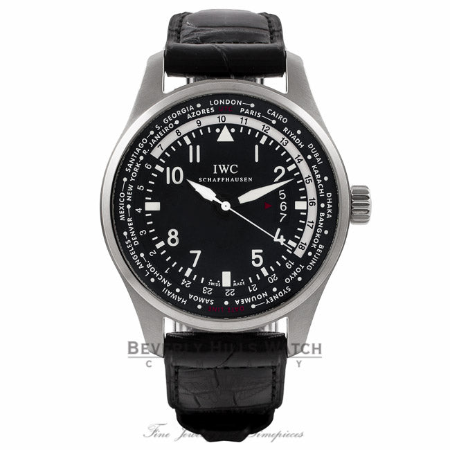 IWC Pilot Worldtimer 45MM Automatic Stainless Steel Black Dial Alligator strap IW326201 N10AAF - Beverly Hills Watch Store