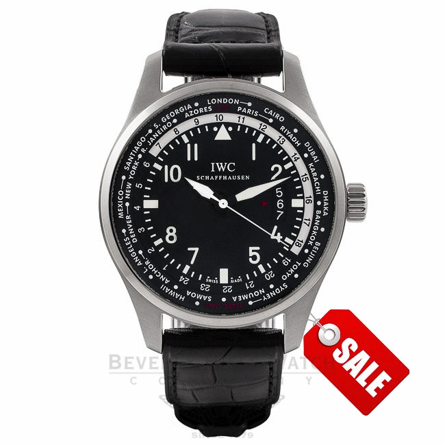 IWC Pilot Worldtimer 45MM Automatic Stainless Steel Black Dial Alligator strap IW326201 N10AAF - Beverly Hills Watch Store
