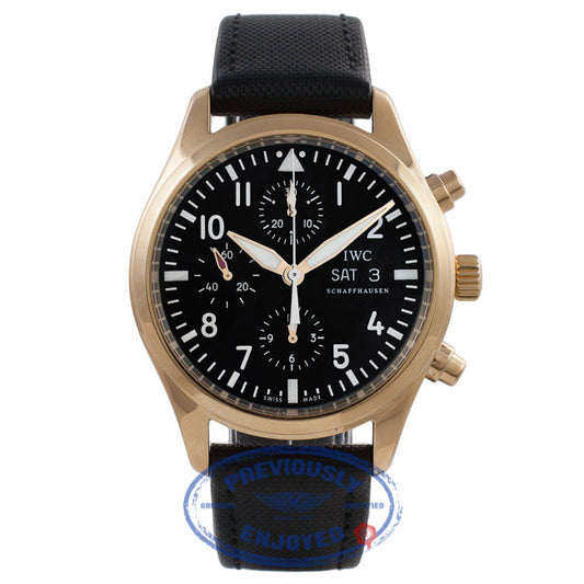 IWC Pilot's Chronograph 42MM Automatic 18k Rose Gold Black Dial Black Fabric Strap IW3717-13 34EXUW - Beverly Hills Watch Company Watch Store