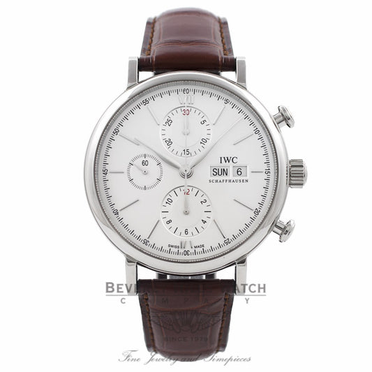 IWC Portofino Chronograph 42MM Stainless Steel Silver Dial Brown Alligator Strap IW391007 ARCZVA - Beverly Hills Watch Company Watch Store