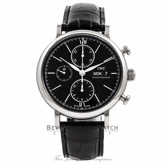 IWC Portofino Chronograph Stainless Steel Black Dial IW391002 BA6UXU - Beverly Hills Watch Company Watch Store