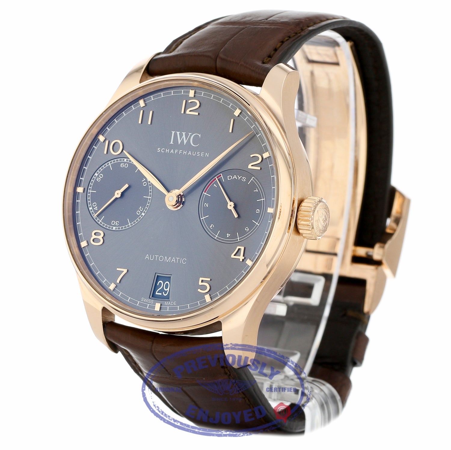 IWC Portugieser 18k Rose Gold Slate Dial 42MM Automatic Alligator Strap IW500702 ZLPL3A - Beverly Hills Watch Company
