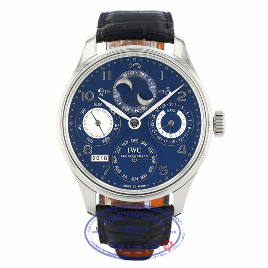 IWC Portuguese Perpetual Calendar Hemisphere Moonphase 44MM 18k White Gold Blue Dial Black Alligator Strap IW503203 LQWWQC - Beverly Hills Watch Company