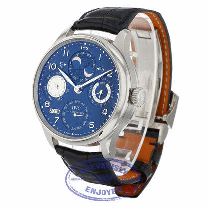 IWC Portuguese Perpetual Calendar Hemisphere Moonphase 44MM 18k White Gold Blue Dial Black Alligator Strap IW503203 LQWWQC - Beverly Hills Watch Company