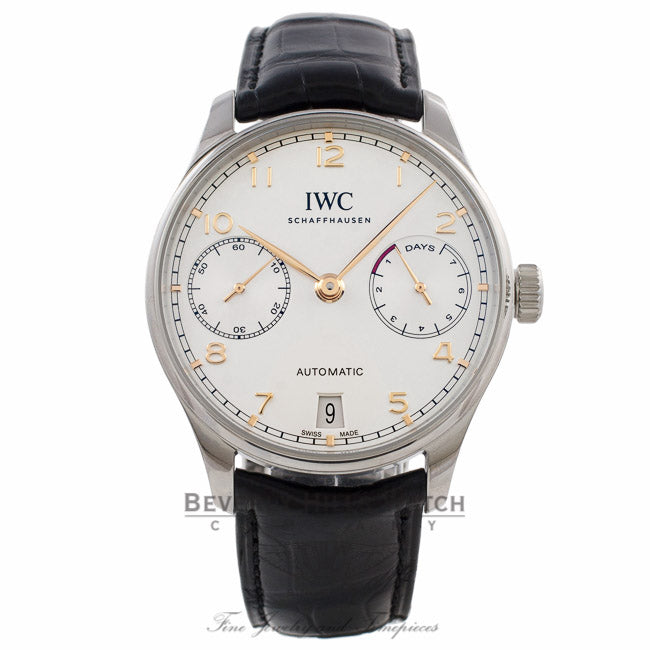 IWC Portuguese 42MM Stainless Steel Silver Dial Rose Gold Markings Alligator Strap IW500704 5E1HNE - Beverly Hills Watch Company Watch Store