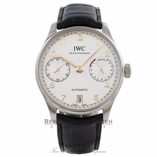 IWC Portuguese 42MM Stainless Steel Silver Dial Rose Gold Markings Alligator Strap IW500704 5E1HNE - Beverly Hills Watch Company Watch Store
