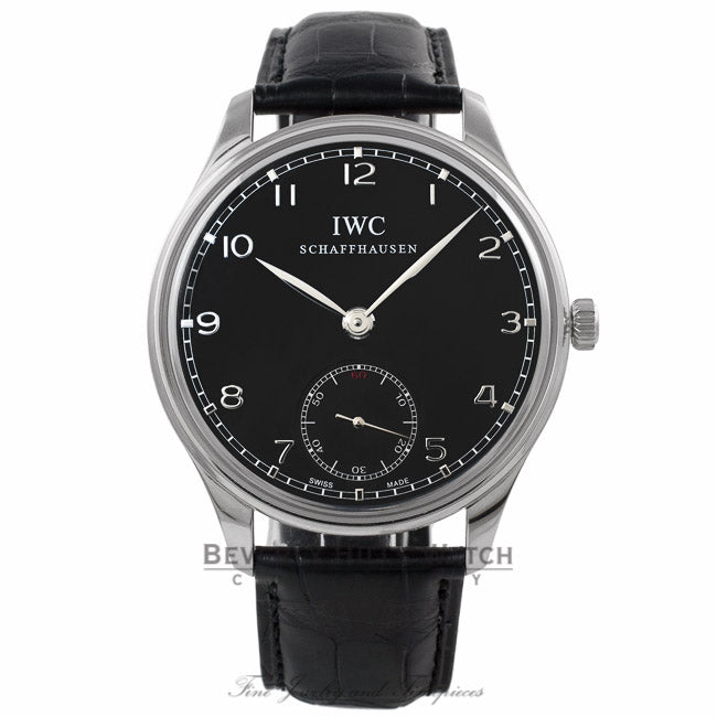 IWC Portuguese 44mm Stainless Steel Manual Wind Black Dial IW545407 - Beverly Hills Watch Company Watch Store