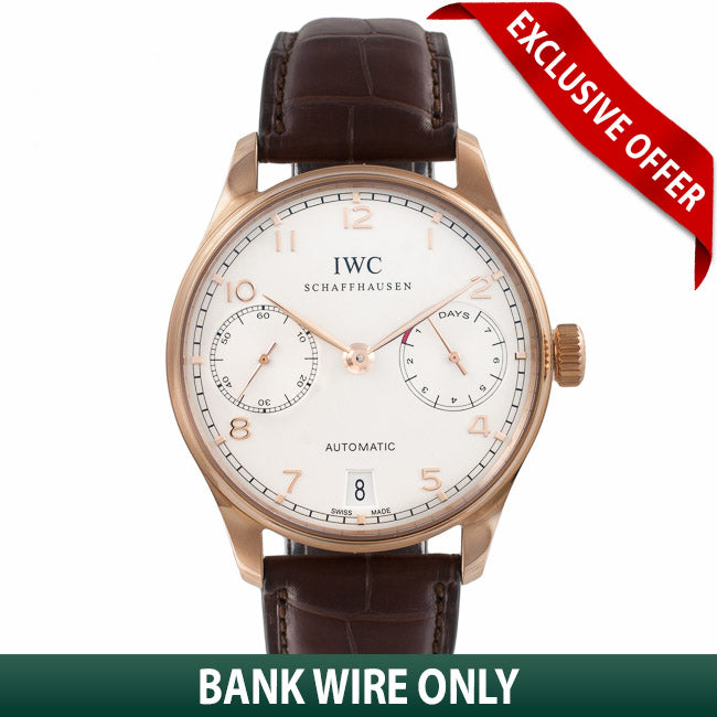 IWC Portuguese 7 Day 18k Rose Gold White Dial 42.3MM Brown Alligator Strap IW500113 88X3XF - Beverly Hills Watch Company Watch Store