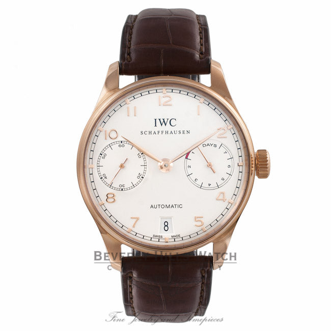 IWC Portuguese 7 Day 18k Rose Gold White Dial 42.3MM Brown Alligator Strap IW500113 88X3XF - Beverly Hills Watch Company Watch Store