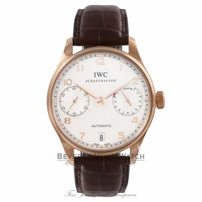 IWC Portuguese 7 Day 18k Rose Gold White Dial 42.3MM Brown Alligator Strap IW500113 88X3XF - Beverly Hills Watch Company Watch Store