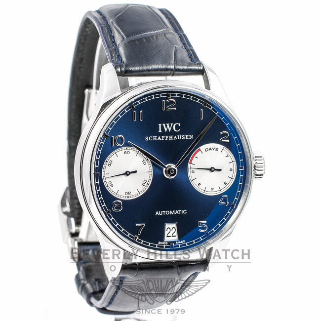 IWC Portuguese 7 Day Stainless Steel Power Reserve Blue Dial Watch IW5001.12 Beverly Hills Watch Company Watches