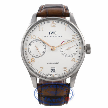IWC Portuguese 7 Day Stainless Steel Silver Dial Rose Numerals IW500114 L6ZERP - Beverly Hills Watch Company Watch Store
