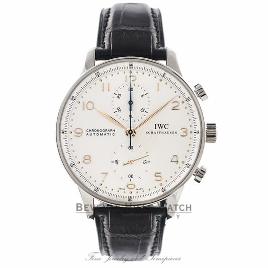 IWC Portuguese Chronograph 40MM Automatic Stainless Steel Silver Dial IW371445 VM1HMA - Beverly Hills Watch Company Watch Store