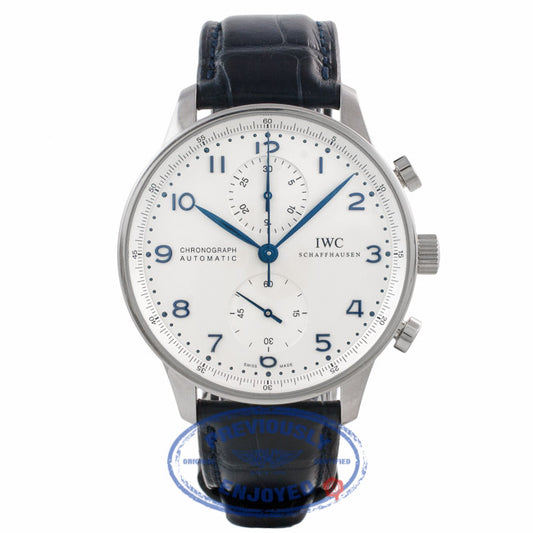 IWC Portuguese Chronograph Stainless Steel Case Silver Dial Blue Arabic Numerals IW371446 RME352 - Beverly Hills Watch Company Watch Store