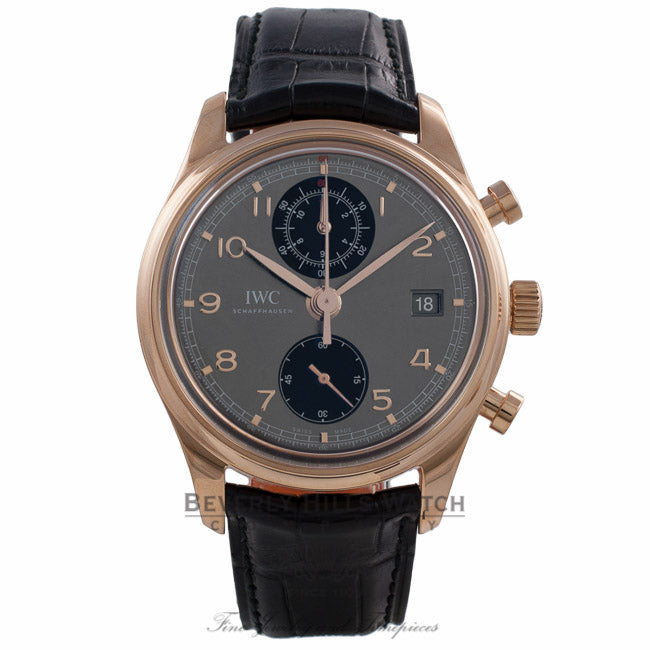 IWC Portuguese Chronograph Classic 42MM 18k Rose Gold Grey Dial Black Alligator Strap IW390405 D20120 - Beverly Hills Watch Company Watch Store