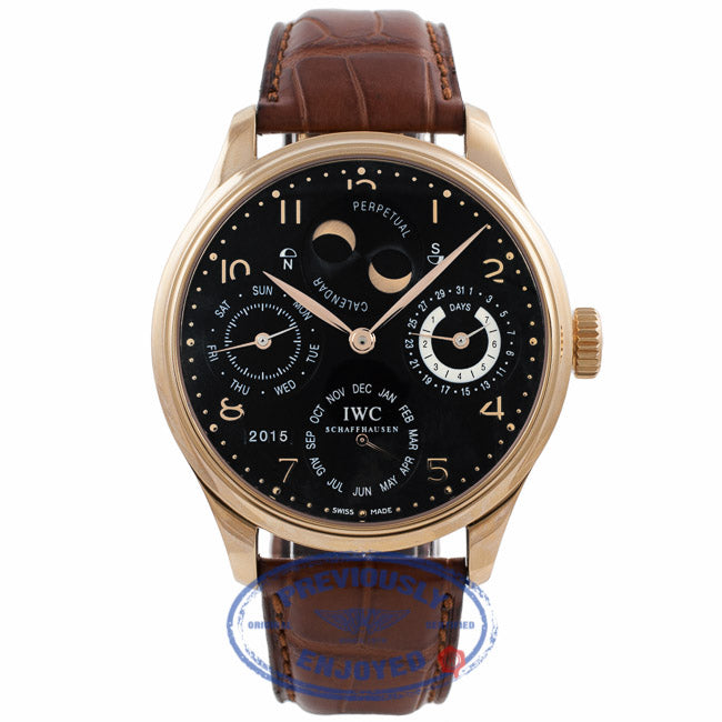 IWC Portuguese Perpetual Calendar Hemisphere Moonphase 44mm 18k Rose Gold Black Dial Brown Alligator Strap IW5201-03 P58HZ9 - Beverly Hills Watch Company Watch Store