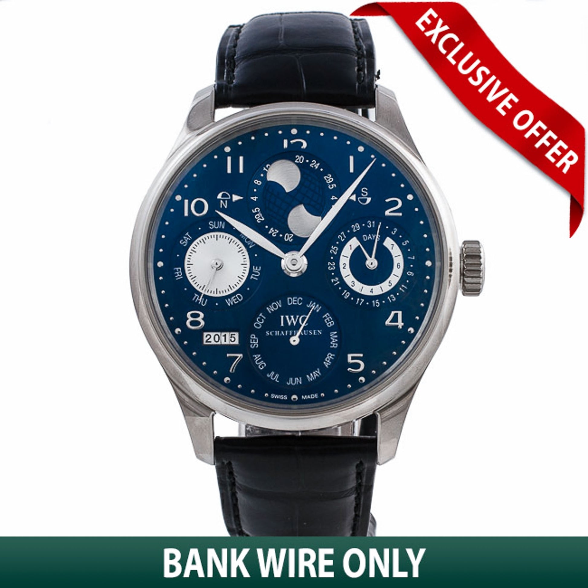 IWC Portuguese Perpetual Calendar Hemisphere Moonphase 44MM 18k White Gold Blue Dial Black Alligator Strap IW503203 WKLD5F - Beverly Hills Watch Company