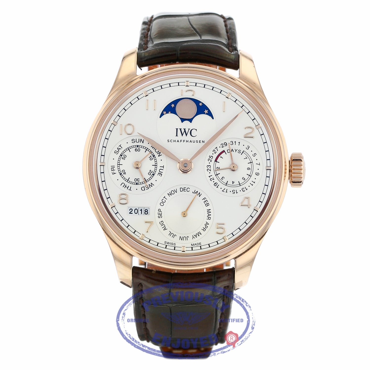 IWC Portuguese Perpetual Calendar Single Moonphase 44MM 18k Rose Gold Silver Dial Brown Alligator Strap IW503302 MMX7UL - Beverly Hills Watch Company