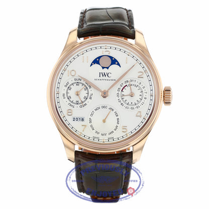 IWC Portuguese Perpetual Calendar Single Moonphase 44MM 18k Rose Gold Silver Dial Brown Alligator Strap IW503302 MMX7UL - Beverly Hills Watch Company