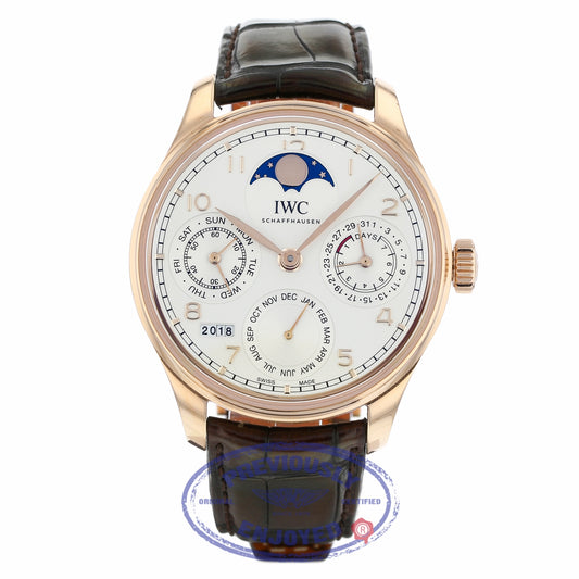 IWC Portuguese Perpetual Calendar Single Moonphase 44MM 18k Rose Gold Silver Dial Brown Alligator Strap IW503302 MMX7UL - Beverly Hills Watch Company