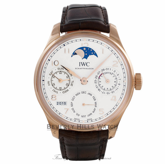 IWC Portuguese Perpetual Calendar Single Moonphase 44MM 18k Rose Gold Silver Dial Brown Alligator Strap IW503302 MYV0KJ - Beverly Hills Watch Company Watch Store