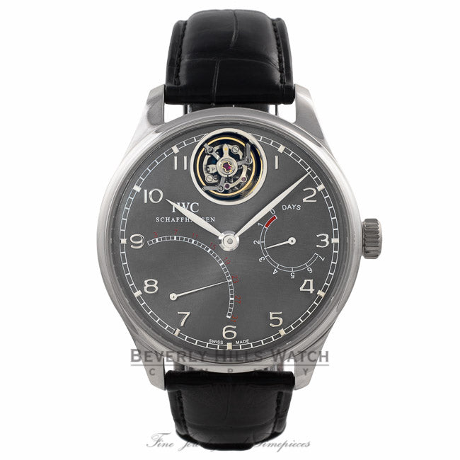 IWC Portuguese Tourbillon Mystere Retrograde Limited Edition 44MM Platinum Ruthenium Black Dial IW504401 V31L8K - Beverly Hills Watch Company Watch Store