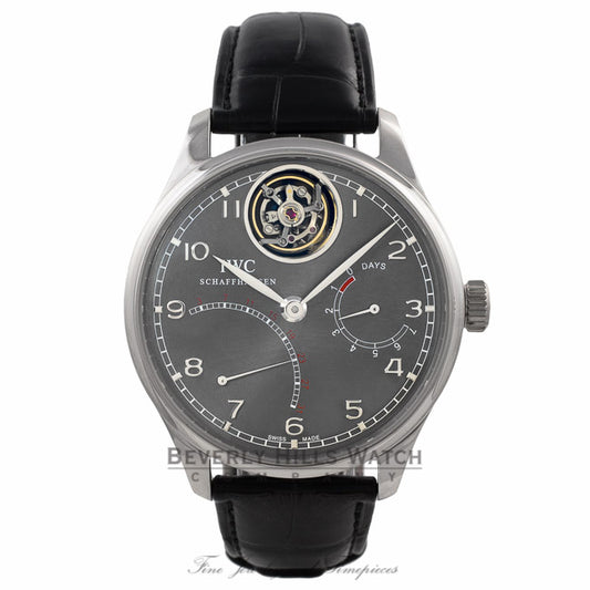 IWC Portuguese Tourbillon Mystere Retrograde Limited Edition 44MM Platinum Ruthenium Black Dial IW504401 V31L8K - Beverly Hills Watch Company Watch Store