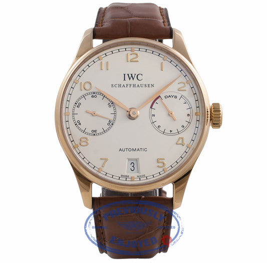 IWC Portuguese 7 Day 18k Rose Gold White Dial 42.3MM Brown Alligator Strap IW500113 CR2X4E - Beverly Hills Watch Company Watch Store