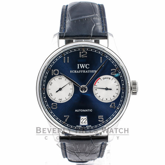 IWC Portuguese 7 Day Stainless Steel Power Reserve Blue Dial Watch IW5001.12 Beverly Hills Watch Company Watches