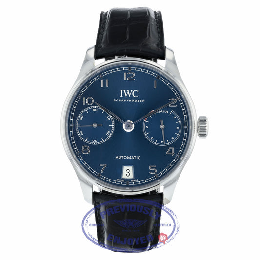 IWC Portugieser Seven Day Reserve 42.3mm Blue Dial Stainless Steel IW500710 5VPMNM - Beverly Hills Watch Company