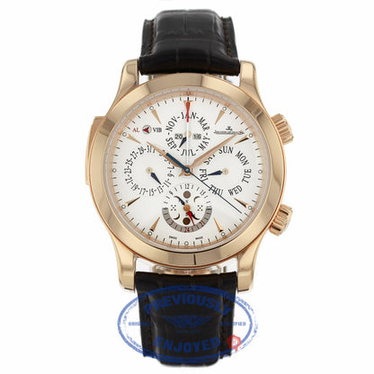 Jaeger LeCoultre Master Grand Reveil 18k Rose Gold Silver Dial Alligator Strap 163.24.2a 149.2.95 X1H4P9 - Beverly Hills Watch Company